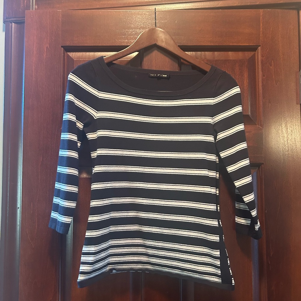 rag & bone Dark Navy and White Striped 3/4 Sleeve Top with Scoop Neck size S